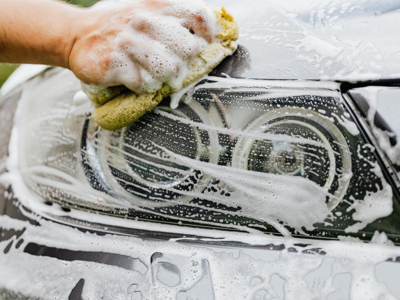 A headlight lens being scrubbed clean with a soapy sponge.